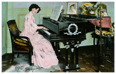 Gertie Millar, britische Schauspielerin und Sängerin, spielt Klavier, ca. 1890-1909