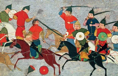 Dschingis Khan im Kampf. Miniatur aus Jami al-tawarikh Universalgeschichte, ca. 1430