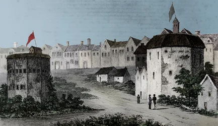Globe Theatre, Bankside, Southwark rechts und der Bear Garden, ca. 1597