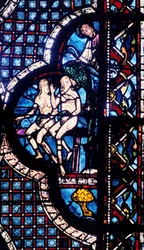 Gott konfrontiert Adam und Eva, Buntglas, Kathedrale von Chartres, Frankreich, 1205-1215