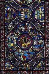 Gotische Kunst: das Leben des Wunderkindes. Glasmalerei des Chorumgangs der Kathedrale Saint Etienne de Bourges (Loir et Cher)