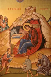 Griechisch-orthodoxe Ikone, die die Geburt Christi darstellt, Thessaloniki, Griechenland