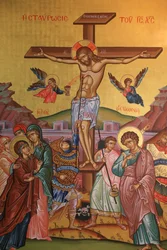 Griechisch-orthodoxe Ikone mit der Kreuzigung Jesu, Thessaloniki, Griechenland
