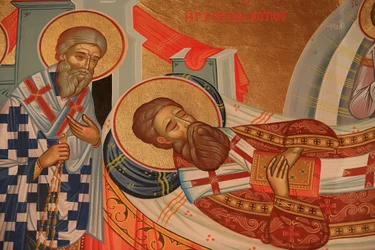 Griechisch-orthodoxe Ikone, die den Tod des Heiligen Gregor Palamas darstellt, Thessaloniki, Griechenland