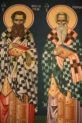 Griechisch-orthodoxe Ikone, die den Heiligen Vissarion und den Heiligen Epiphanios darstellt, Thessaloniki, Griechenland