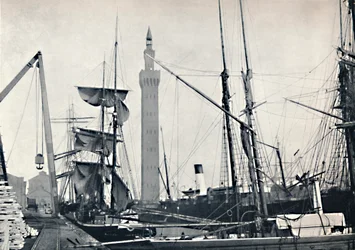 Grimsby - Blick auf die Docks, mit dem Hydraulikturm, 1895