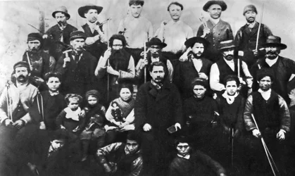 Gruppe Pariser Arbeiter, die an der Kommune teilnehmen, Fotografie. Pariser Kommune 1871