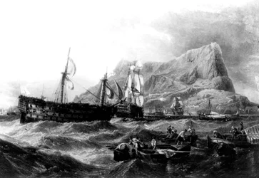HMS Victory wird nach Gibraltar zurückgeschleppt, 1805