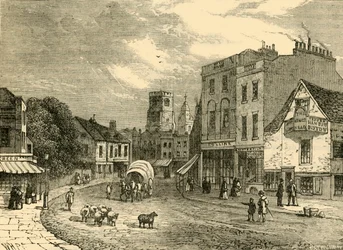 Hackney, Blick zur Kirche, 1840, um 1876