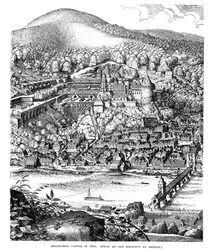 Schloss Heidelberg und Stadt über den Neckar gesehen, Deutschland, 1620