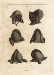 Helm mit nach unten öffnendem Visier im Tower of London, Doppelstangenhelm und Salet mit Ohrstücken