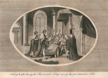 Heinrich II., nachdem er seinen Sohn zum König gekrönt hat, serviert das erste Gericht an seinem Tisch