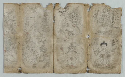 Ikonographische Zeichnung: Vaishravana, Yama, Vsnisavijaya, Tara und Buddha recto, ca. 1500