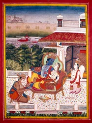 Indische Miniatur zeigt Krishna und eine Prinzessin auf einer Couch, 18. Jahrhundert