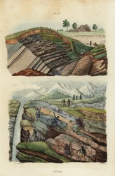 Eisenminen im Harzgebirge bei Clausthal, Deutschland, und Wanderer, die Flüsse, Berge und Gletscher überqueren