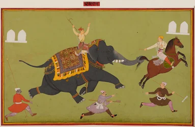Jai Singhs Elefant Pakhrao gerät außer Kontrolle und packt ein Pferd am Schwanz, um 1680.