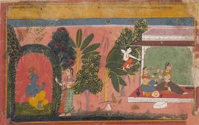 Kama zielt mit seinem Bogen auf Radha: Seite aus einem verstreuten Gita Govinda