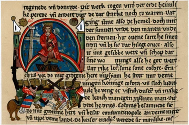 Chosrau II. von Persien mit Kreuz und Taube auf seinem mechanischen Thron
