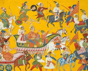 König Dasaratha und sein Gefolge gehen zur Hochzeit von Rama: Folio aus dem Shangri..., ca. 1690-1710
