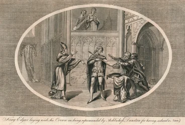 König Edgar legt seine Krone ab, nachdem er von Erzbischof Dunstan gerügt wurde, ca. 960er Jahre, 1793