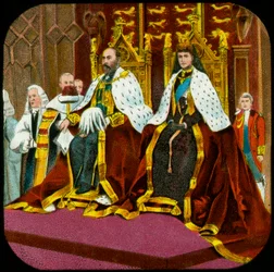 König Edward VII. und Königin Alexandra, feierliche Parlamentseröffnung, Westminster, ca. 1902-1909