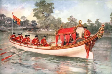 König Georg V. und Königin Mary besuchen die Henley Regatta auf der Staatsbarke, 1912