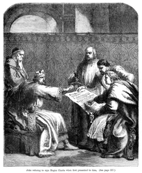 König Johann 1167-1216 weigert sich, die Magna Carta zu unterzeichnen, als sie ihm erstmals vorgelegt wurde, 1215