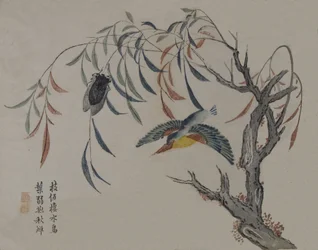 Eisvogel, Zikade und Weidenbaum, 19. Jahrhundert