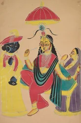 Krishna steht neben Radha, die auf einem Stuhl sitzt, 1800er Jahre