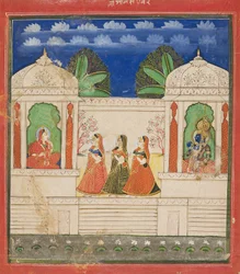 Krishna und Radha in zwei Pavillons, 19. Jahrhundert