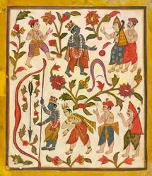 Krishna und der Bogen, Folio 24 aus dem Tula Ram Bhagavata Purana, ca. 1720