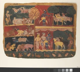 Krishna und die Kuhhirten: Seite aus einem Verstreuten Bhagavata Purana..., ca. 1520-30