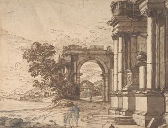 Landschaft mit klassischer Architektur an einem See, 17. Jahrhundert
