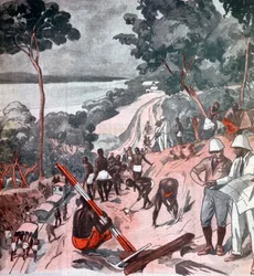 Verlegung von Eisenbahnschienen unter der Äquatorsonne, Brazzaville, Kongo, 1924