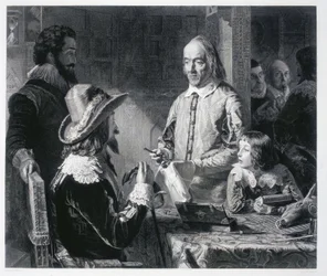 Der englische Arzt William Harvey (1578-1637) zeigt König Karl I. von England (1600-1649) die Theorie des Blutkreislaufs