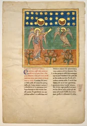 Blatt aus einem Beatus-Manuskript: Der vierte Engel bläst die Trompete und ein Adler..., ca. 1180