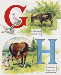 Buchstaben G und H: Gute Enten, gierige Ziege, Kühnheit und Haquenee. Gravur im „ABC L