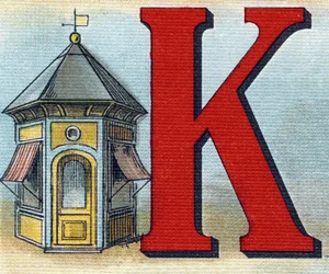 Buchstabe K: Kiosk. Gravur in "Alphabet de ma petite fille". Bernardin-Bechet und Fils, Buchhändler-Verleger, Paris, um 1895. Unzerbrechliches Album auf Leinwand. Bibliotheque des Bebes. 12 Seiten. Album mit einer Lesemethode und einem illustrierten Abeced