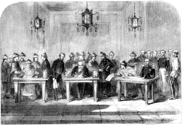 Lord Elgin unterzeichnet den Vertrag von Tianjin zur Beendigung des Zweiten Opiumkriegs, 1858