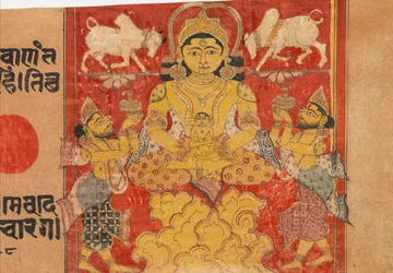 Lustration des Säuglings Jina Mahavira: Folio aus einem Kalpasutra-Manuskript, spätes 14. Jahrhundert