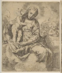 Madonna und Kind auf Wolken sitzend und von Engeln umgeben, Kopie in umgekehrter Richtung, ca. 1639 oder später