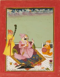 Maharao Ajit Singh auf einer Terrasse mit Sohn und Diener, um 1770