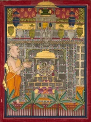 Maharao Kishor Singh als Vallabha-Priester verkleidet, Krishna als Brijrajji verehrend, Mitte 1800er Jahre