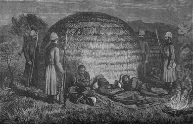 Major Marter und seine Männer bewachen Cetewayo im einheimischen Kraal, ca. 1880