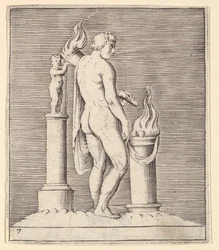 Mann mit Fackel zwischen brennendem Altar und Statuette