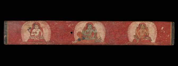 Manuskriptdeckel mit Vishnu flankiert von Lakshmi und Sarasvati, 14. Jahrhundert