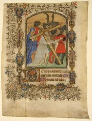 Manuskriptblatt aus einem Stundenbuch... Illuminierte Initiale D und Christus trägt das Kreuz, 1390-140