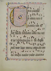 Manuskriptblatt mit Initiale T, aus einem Antiphonar, Deutsch