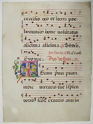 Manuskriptblatt mit Initiale T, aus einem Antiphonar, italienisch, 15. Jahrhundert