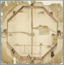 Karte von 1530, die die geplanten, aber nie ausgeführten Mauern von Den Haag, Niederlande zeigt